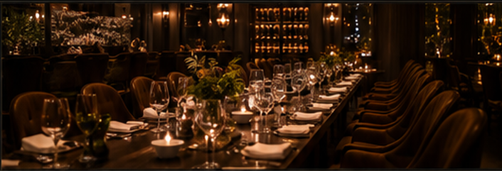 Long candlelit dining table set for a private event at The Social