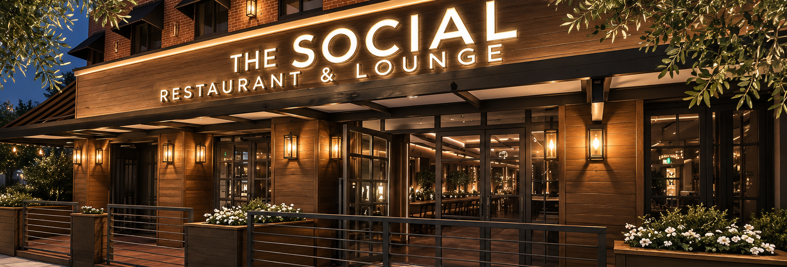 The Social restaurant and lounge storefront on N Brand Blvd in Glendale at dusk